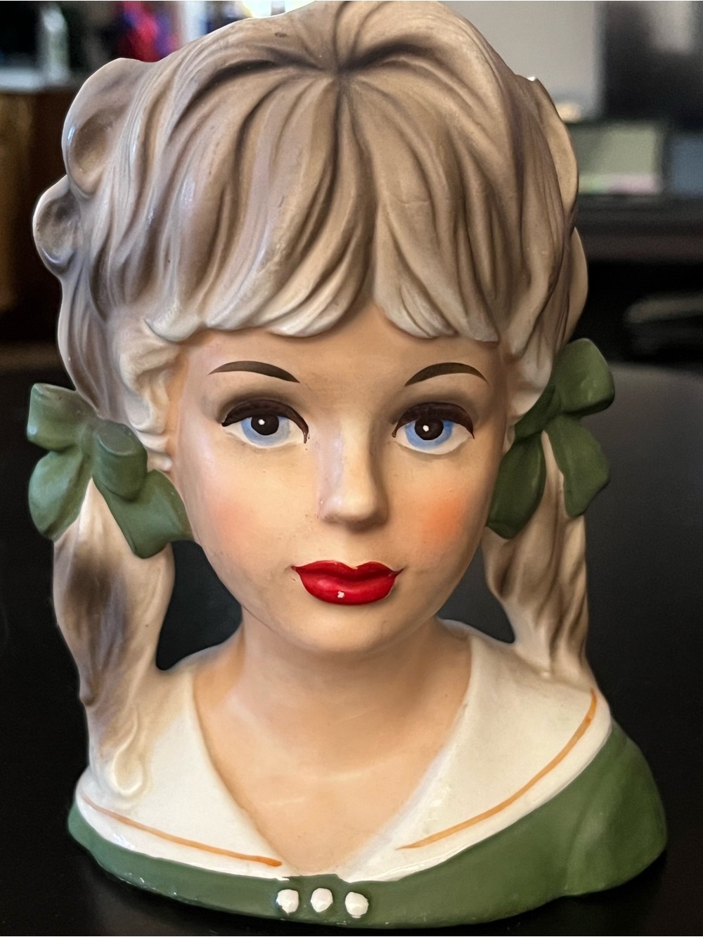 Vintage Inarco Teen Girl Head Planter Vase blonde green dress (Model #T-1962)